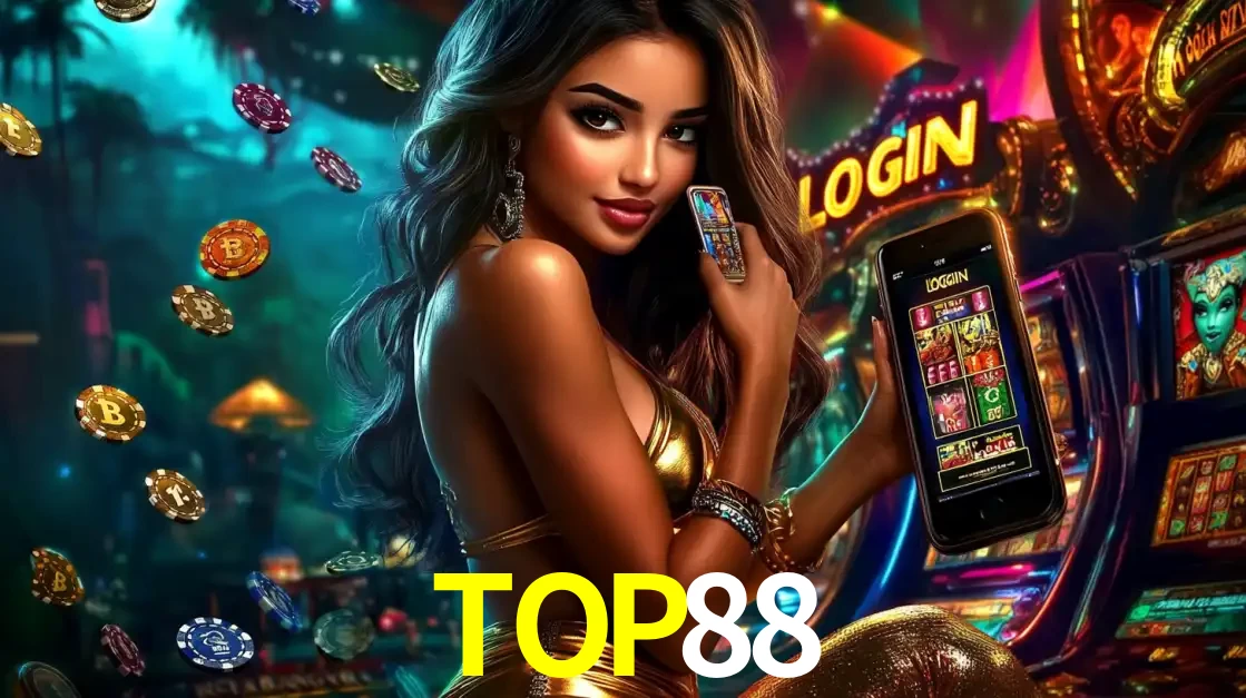 Mulher em um cenário de cassino temático de aventura, mostrando o app de caça-níqueis da TOP88 no celular. Fichas de apostas flutuam ao redor.