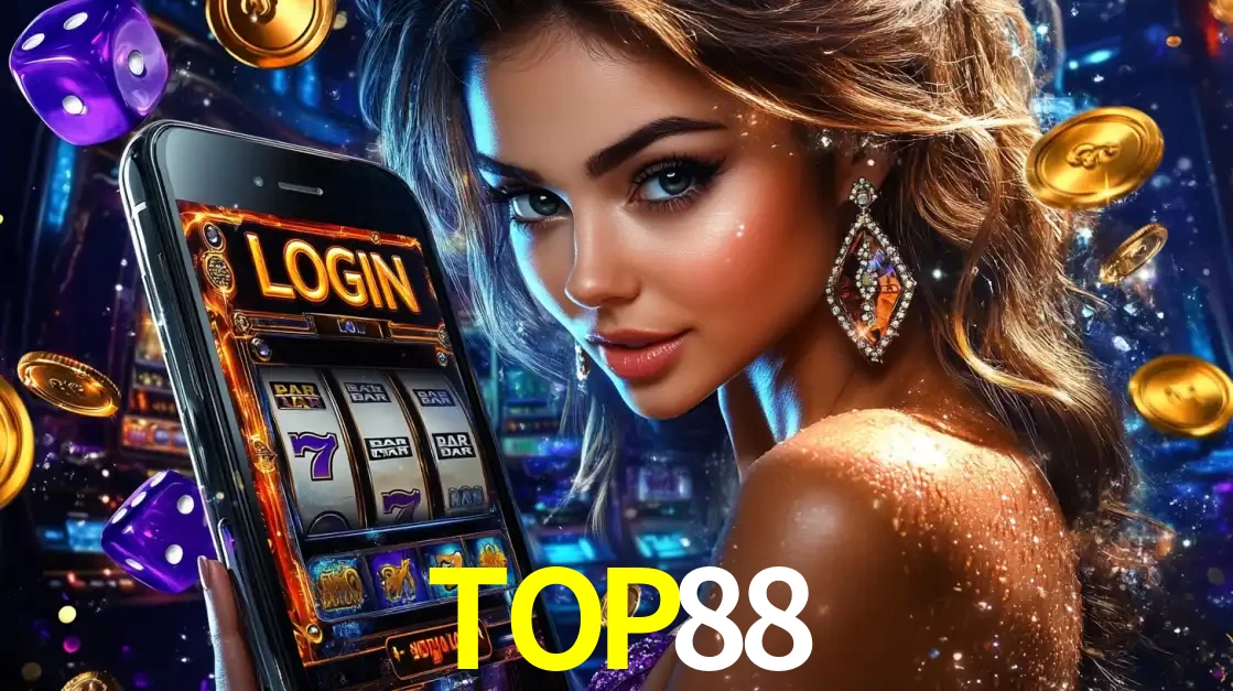Mulher glamorosa segurando um smartphone com a tela de login para os jogos de caça-níqueis do cassino online TOP88, com moedas de ouro e dados ao redor.