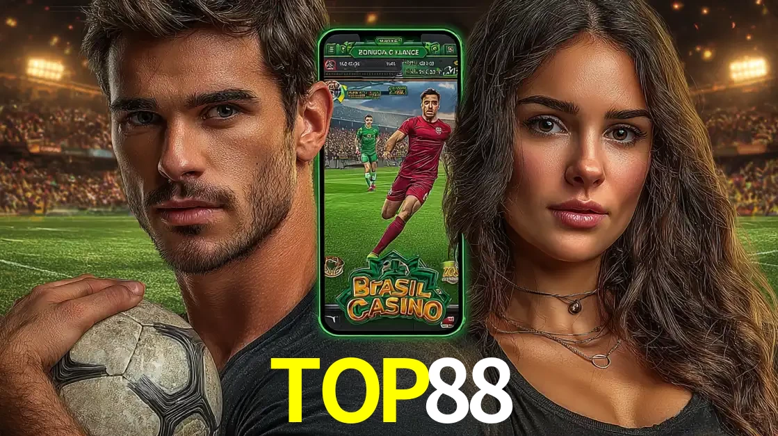 Homem segurando uma bola de futebol e uma mulher ao lado de um smartphone exibindo o jogo de apostas esportivas da TOP88. Faça seu palpite no cassino online.